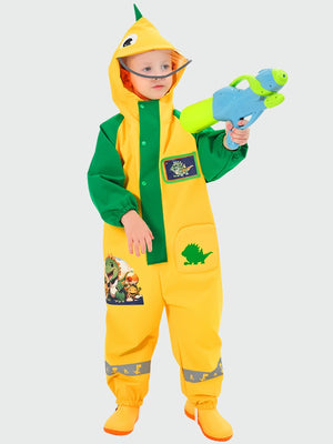 Little Surprise Box,Dinosaur Friends themed Yellow Full Jumpsuit Style Raincoat for Toddlers and Kids - 2-3 Year