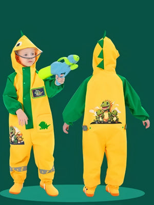 Little Surprise Box,Dinosaur Friends themed Yellow Full Jumpsuit Style Raincoat for Toddlers and Kids - 2-3 Year