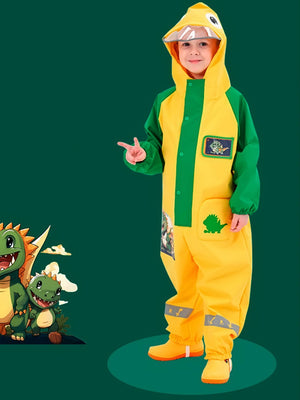 Little Surprise Box,Dinosaur Friends themed Yellow Full Jumpsuit Style Raincoat for Toddlers and Kids - 2-3 Year