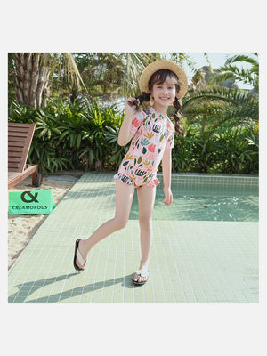 Little Surprise Box,Frilly Happy Cactus Print Toddlers & Kids Swimwear +Swim Cap - Kids Swimwear