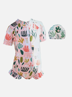 Little Surprise Box,Frilly Happy Cactus Print Toddlers & Kids Swimwear +Swim Cap - Kids Swimwear