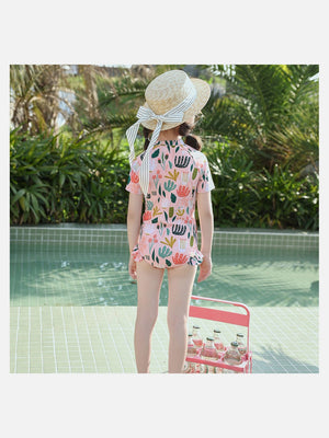Little Surprise Box,Frilly Happy Cactus Print Toddlers & Kids Swimwear +Swim Cap - Kids Swimwear