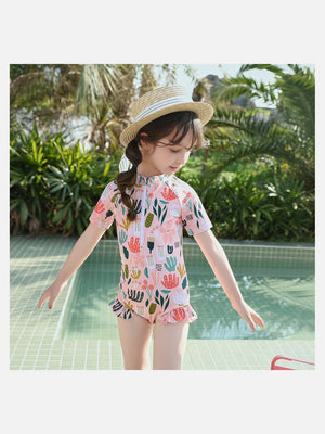 Little Surprise Box,Frilly Happy Cactus Print Toddlers & Kids Swimwear +Swim Cap - Kids Swimwear