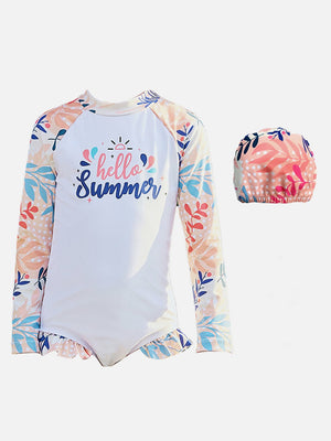 Little Surprise Box,One Piece Hello Summer Floral print Swimwear +Swim Cap for Kids & Toddlers - LSB - SW - HELOSUMR100