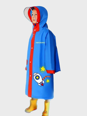 Little Surprise Box,Red Bordered Cobalt Blue Space Theme Long Style Raincoat for Kids - LSB - RC - REDBORDR - SPACE - L