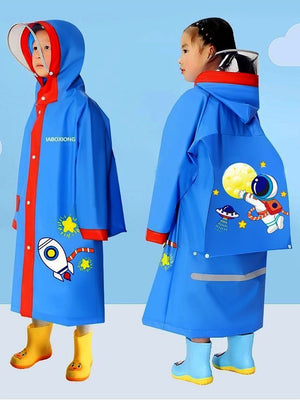 Little Surprise Box,Red Bordered Cobalt Blue Space Theme Long Style Raincoat for Kids - LSB - RC - REDBORDR - SPACE - L