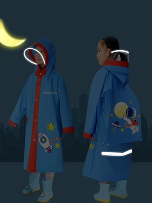 Little Surprise Box,Red Bordered Cobalt Blue Space Theme Long Style Raincoat for Kids - LSB - RC - REDBORDR - SPACE - L