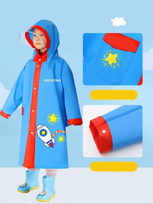 Little Surprise Box,Red Bordered Cobalt Blue Space Theme Long Style Raincoat for Kids - LSB - RC - REDBORDR - SPACE - L