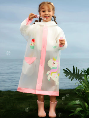 Little Surprise Box,Unicorn Pink Bordered Translucent long style Raincoat for kids - LSB - RC - TRANS - PNKBORDRUNI - S