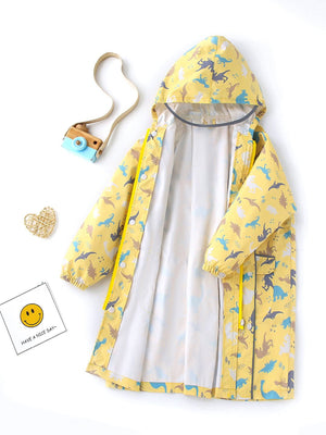 Little surrpise Box, Pastel Yellow Dino all over print knee length raincoat for Kids - LSB - RC - PASTLYELDINO - S
