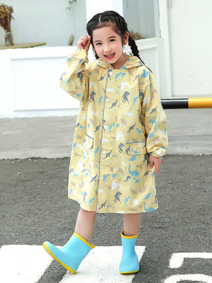 Little surrpise Box, Pastel Yellow Dino all over print knee length raincoat for Kids - LSB - RC - PASTLYELDINO - S