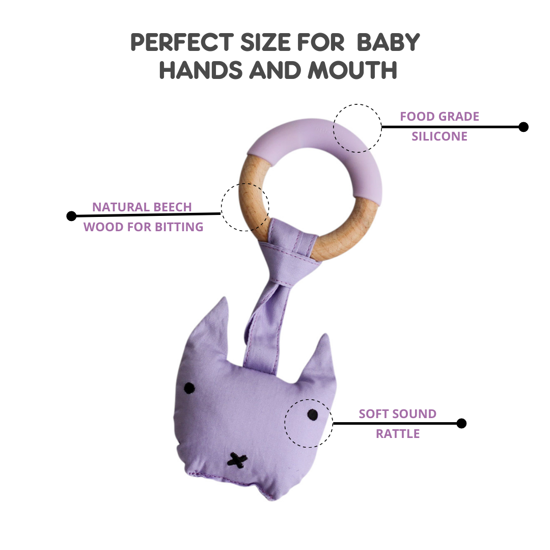 Little Rawr Wood Plush Rattle Teether Toy- Kitty(Purple)