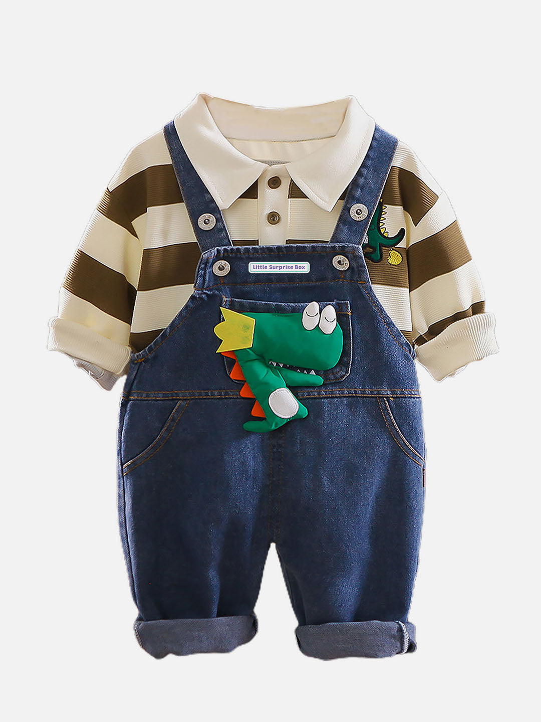 Little Surprise Box Stripes Denim Plush Dinosaur Dungarees Style 2 Pc Clothing Set For Toddlers