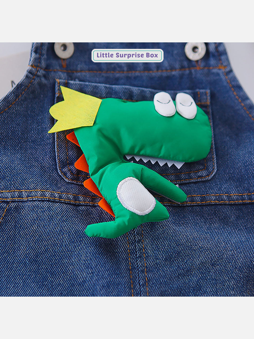 Little Surprise Box Stripes Denim Plush Dinosaur Dungarees Style 2 Pc Clothing Set For Toddlers