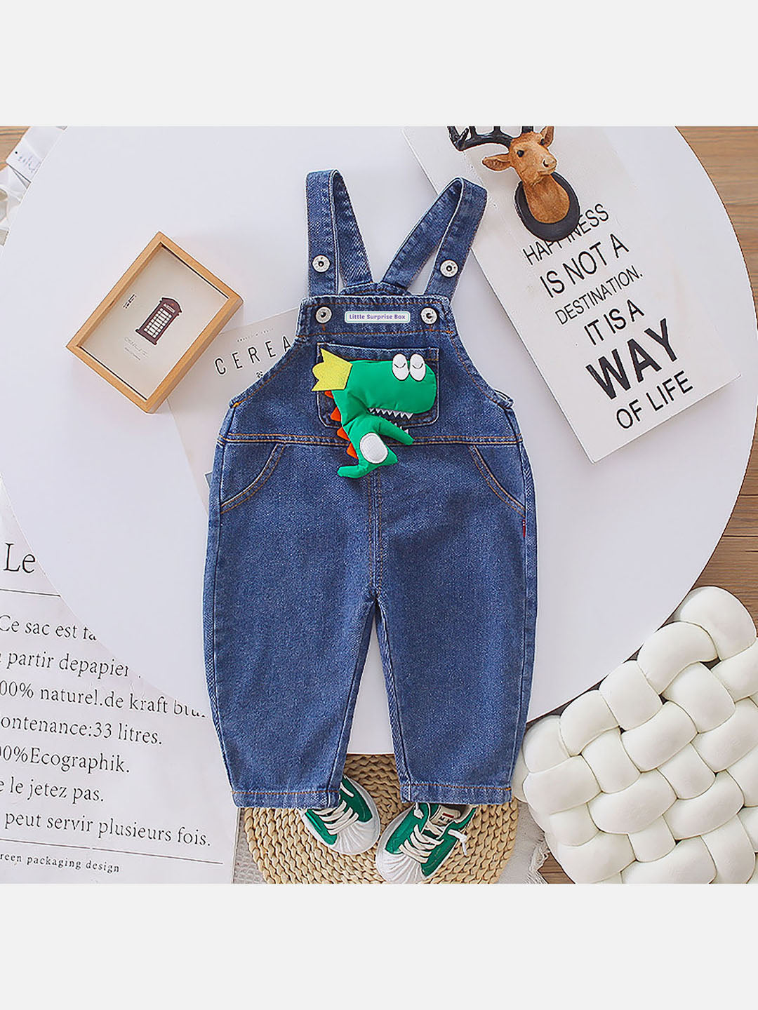 Little Surprise Box Stripes Denim Plush Dinosaur Dungarees Style 2 Pc Clothing Set For Toddlers