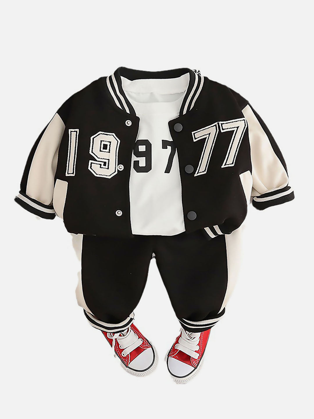 Little Surprise Box Black & White 1977 Designed 3 Pcs Varsity Jacket Styled Track Suit Set For Toddlers And Kids