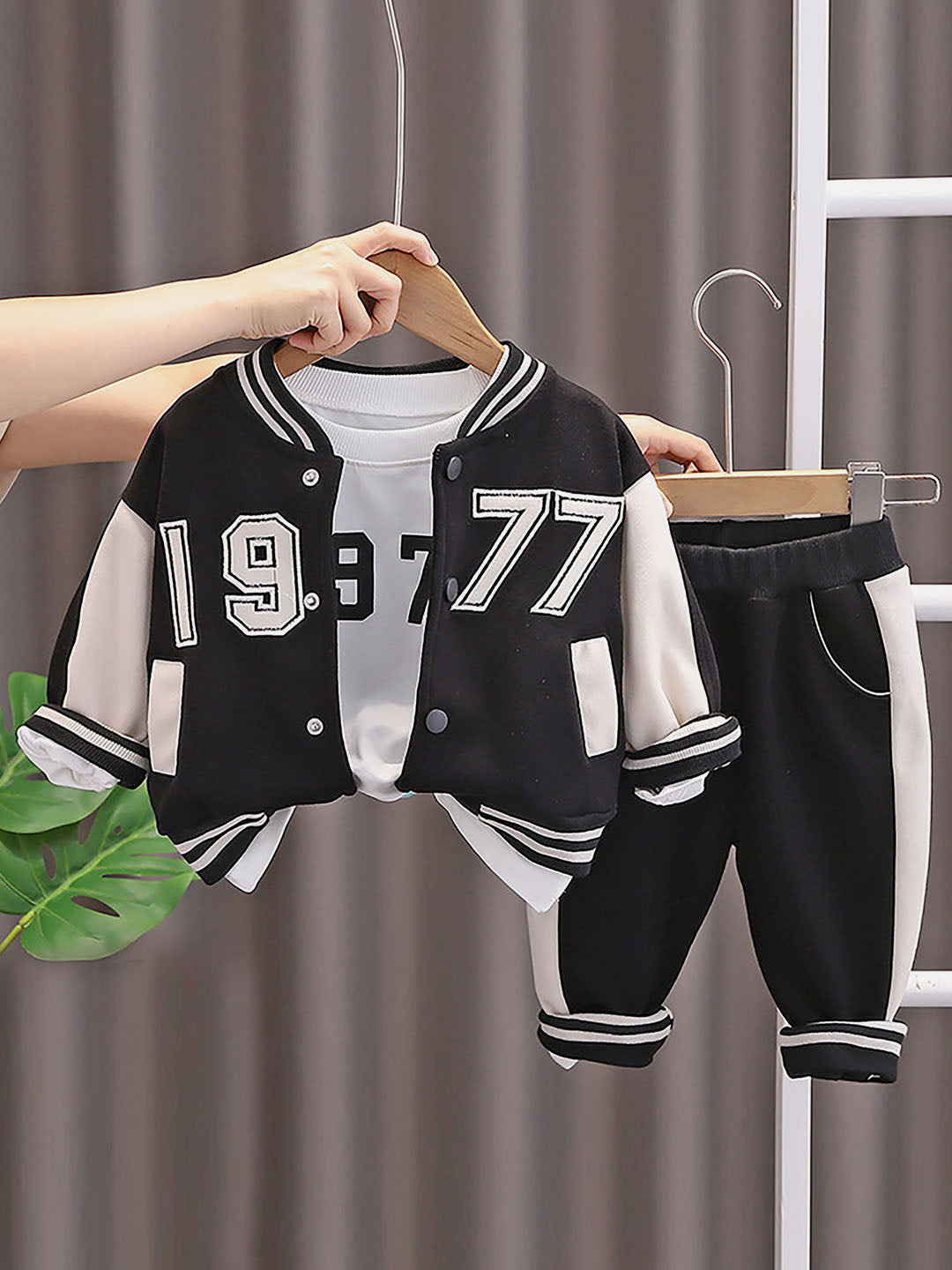 Little Surprise Box Black & White 1977 Designed 3 Pcs Varsity Jacket Styled Track Suit Set For Toddlers And Kids