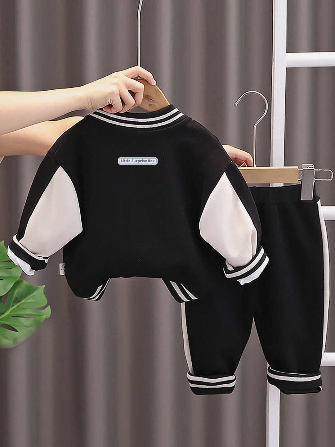 Little Surprise Box Black & White 1977 Designed 3 Pcs Varsity Jacket Styled Track Suit Set For Toddlers And Kids