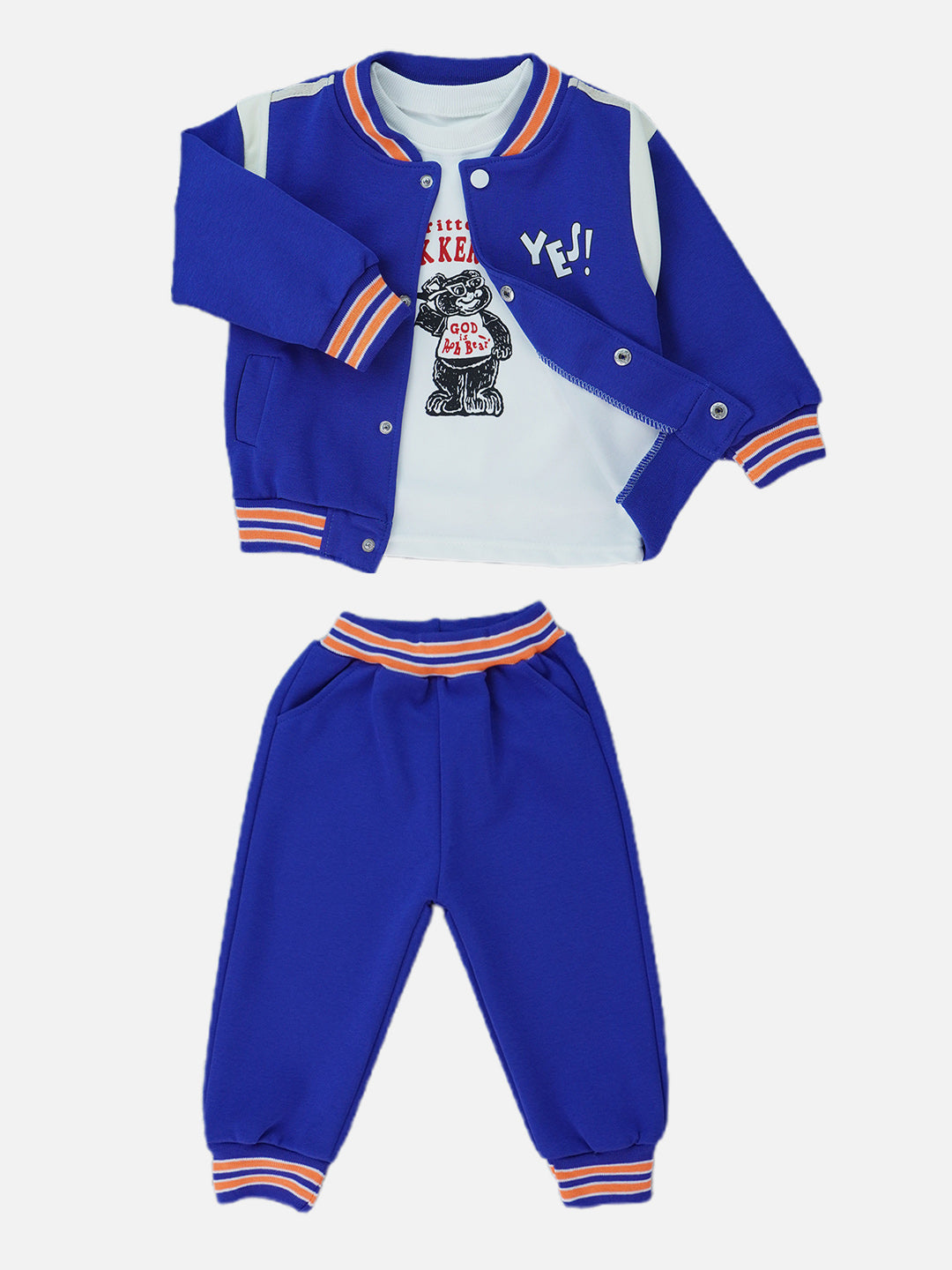 Little Surprise Box, 3pcs Blue & Orange Varsity Jacket with matching Tracks for toddler and Kids