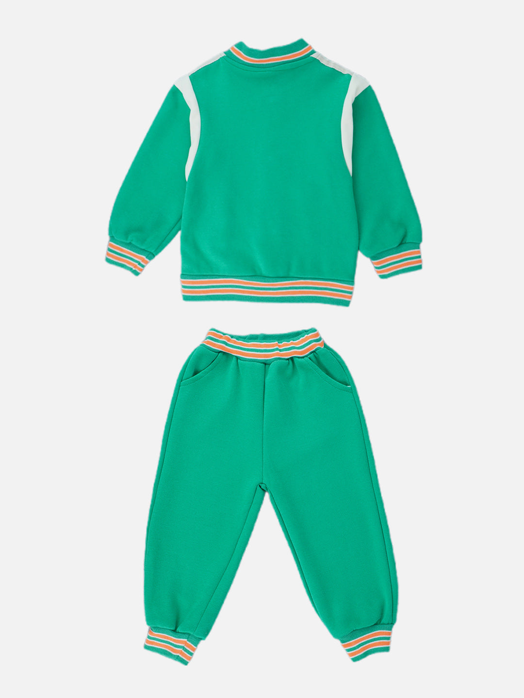 Little Surprise Box, 3pcs Green & Orange Varsity Jacket with matching Tracks for toddler and Kids