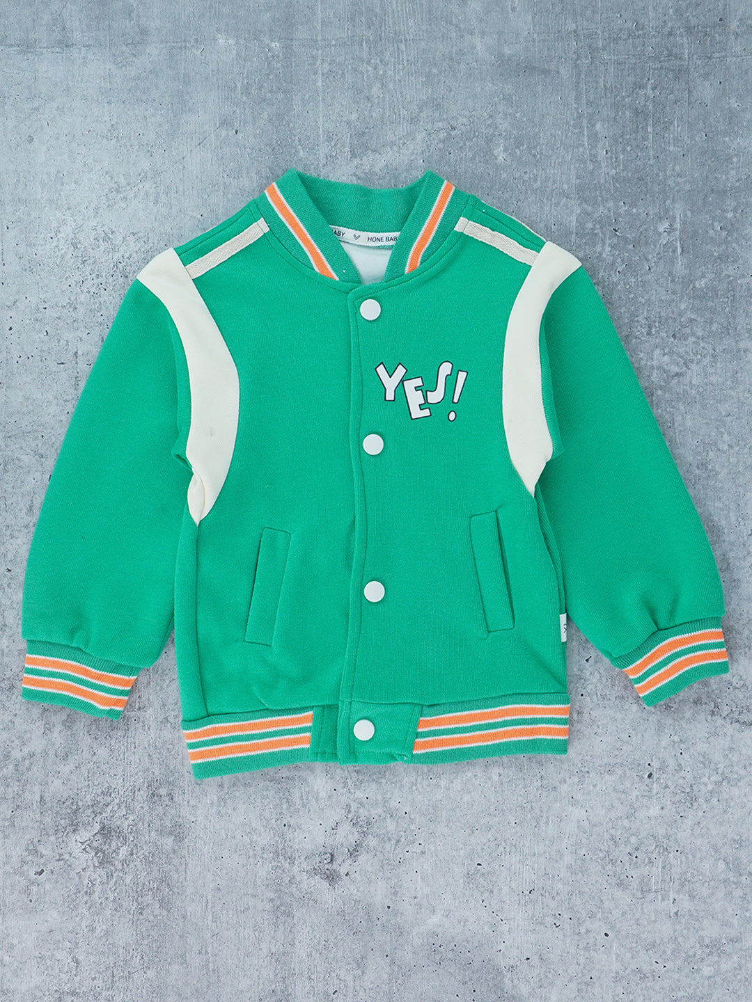 Little Surprise Box, 3pcs Green & Orange Varsity Jacket with matching Tracks for toddler and Kids