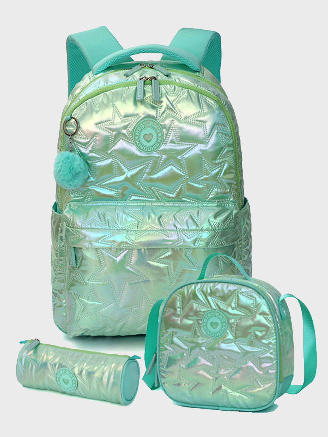 Little Surprise Box, 3pcs Shiny Pink Star Matching Backpack, Lunch Bag and Stationery Pouch
