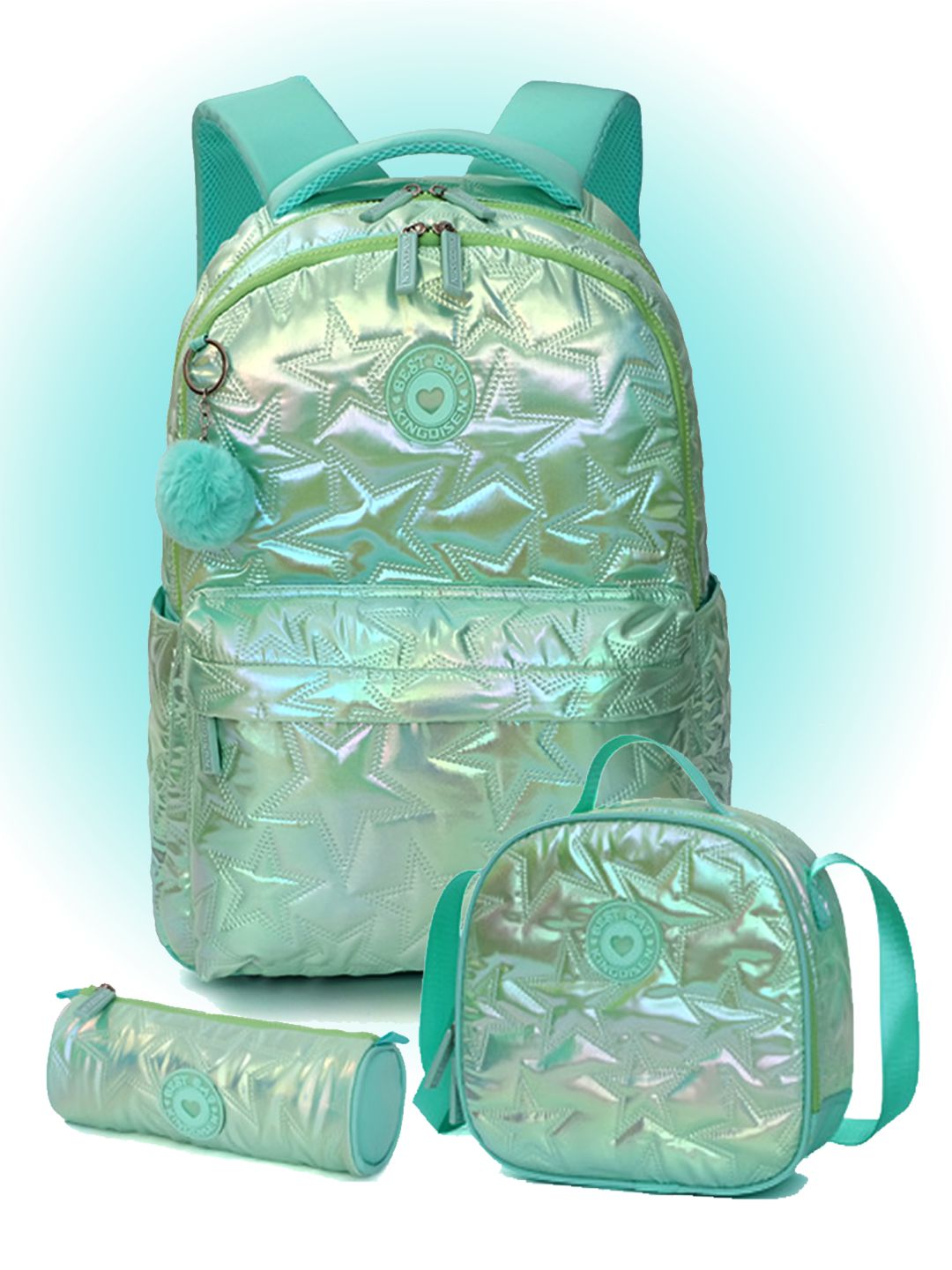 Little Surprise Box, 3pcs Shiny Pink Star Matching Backpack, Lunch Bag and Stationery Pouch