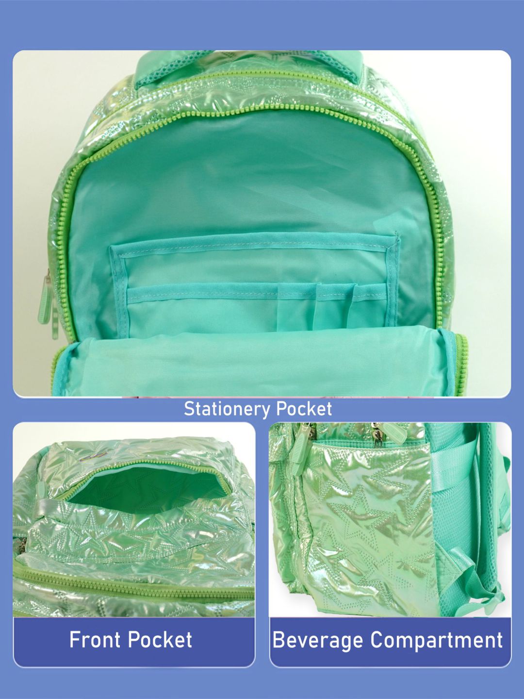 Little Surprise Box, 3pcs Shiny Pink Star Matching Backpack, Lunch Bag and Stationery Pouch