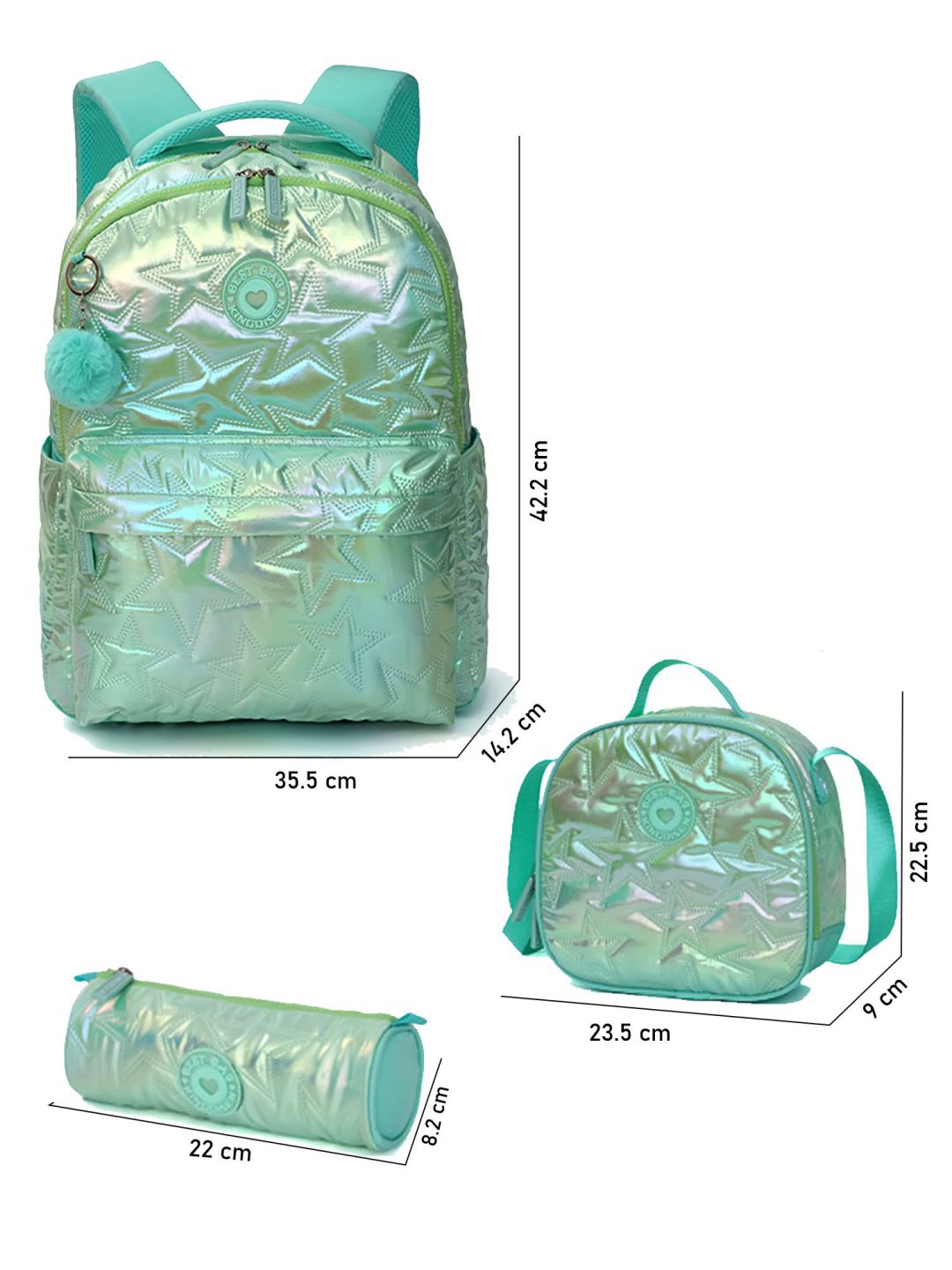 Little Surprise Box, 3pcs Shiny Pink Star Matching Backpack, Lunch Bag and Stationery Pouch