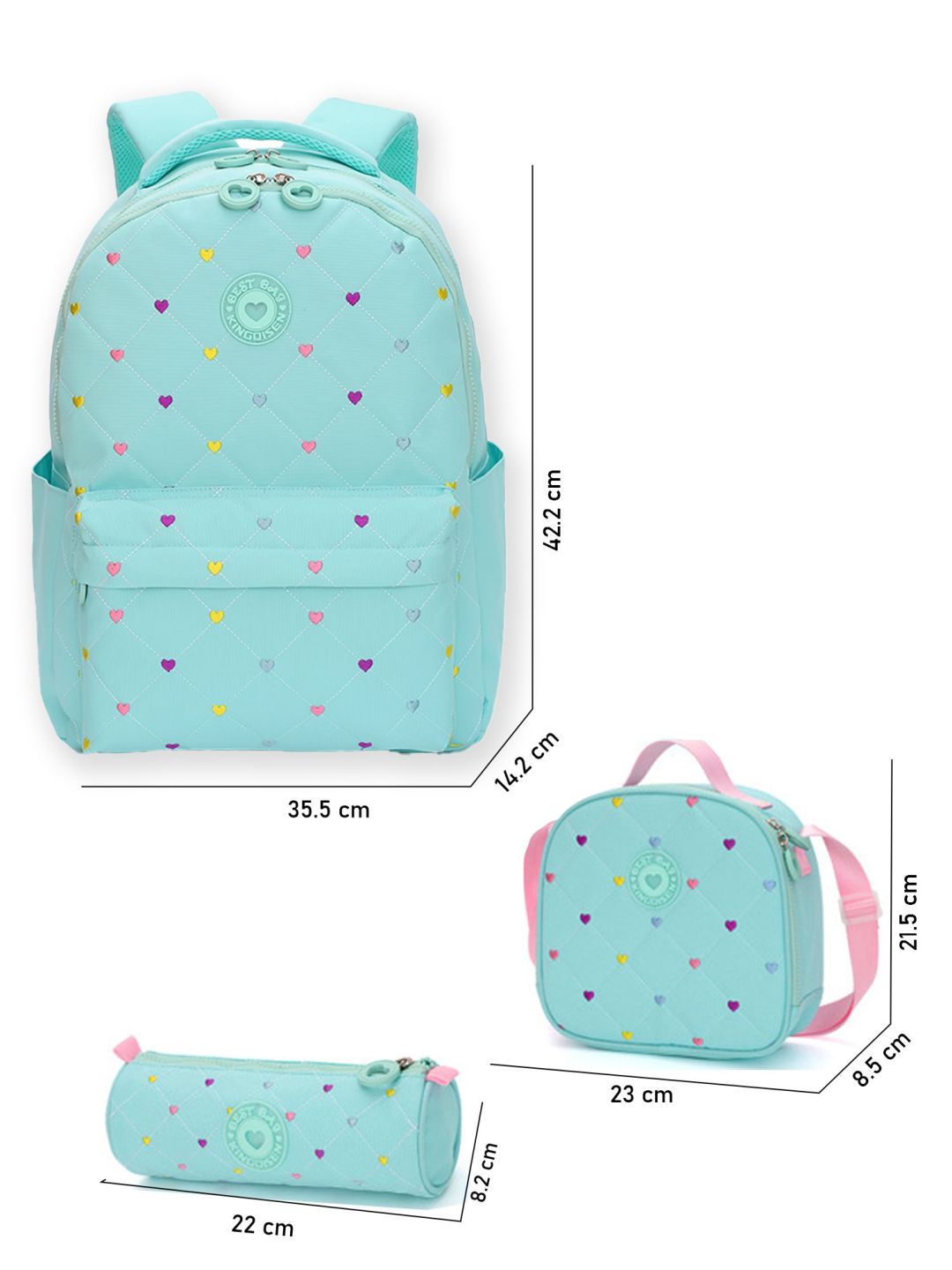 Little Surprise Box, 3pcs Mini Heart Matching Backpack, Lunch Bag and Stationery Pouch