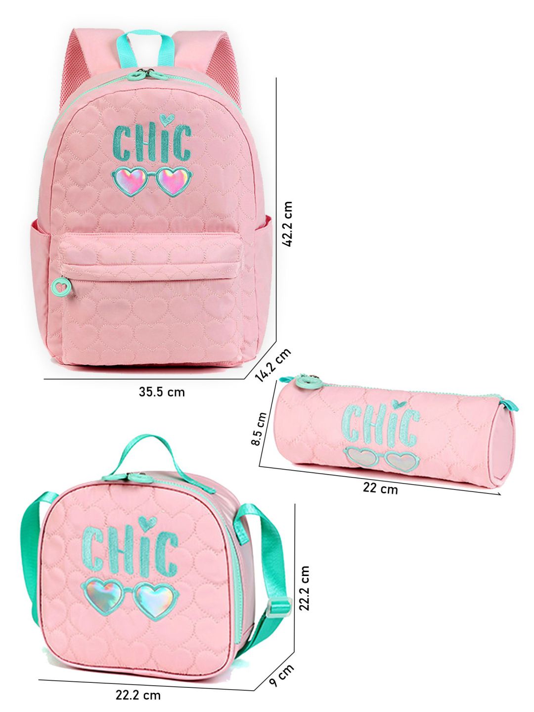 Little Surprise Box, 3pcs Pink Cool Glasses Matching Backpack, Lunch Bag and Stationery Pouch