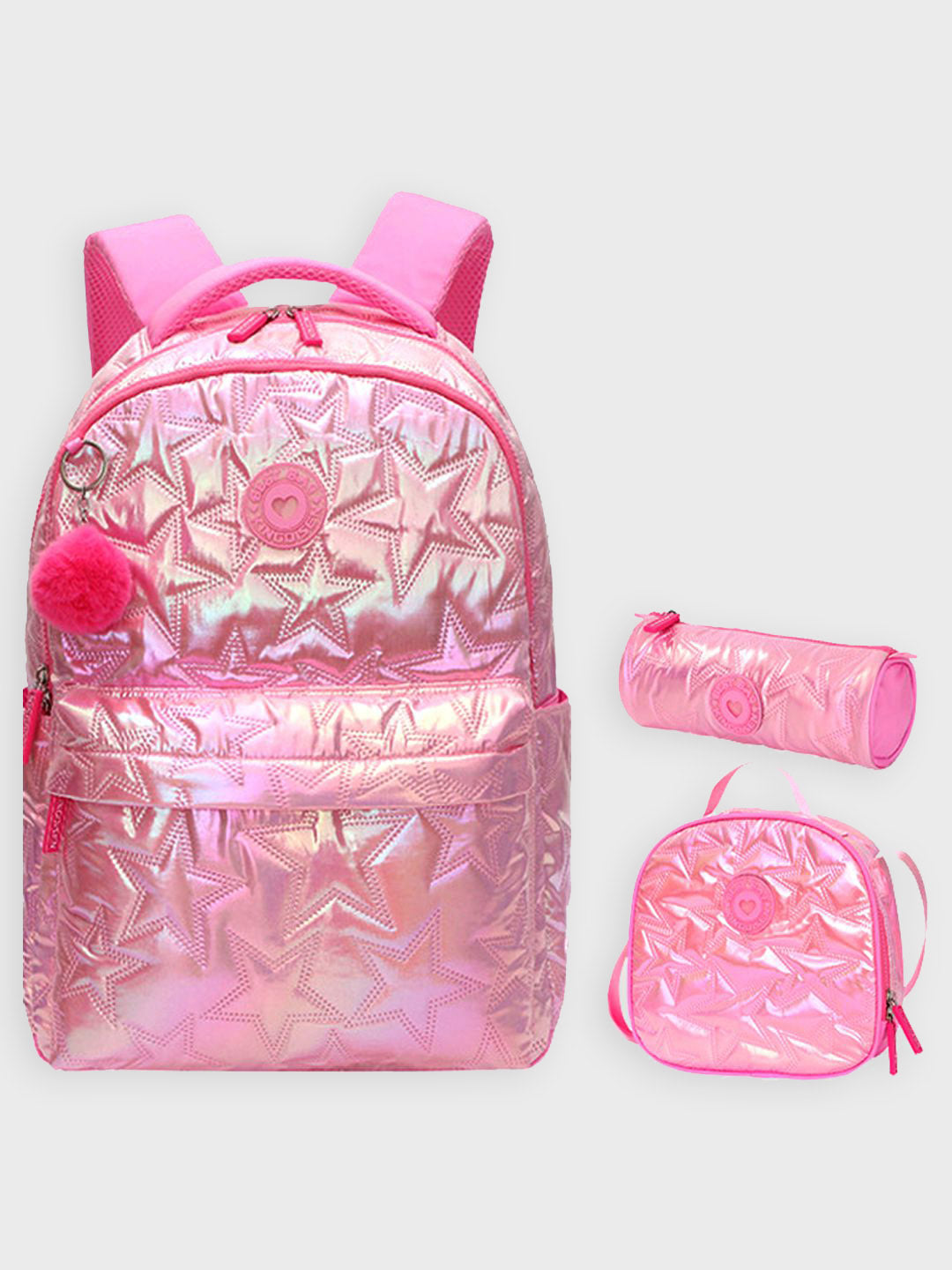 Little Surprise Box, 3pcs Shiny Pink Star Matching Backpack, Lunch Bag and Stationery Pouch