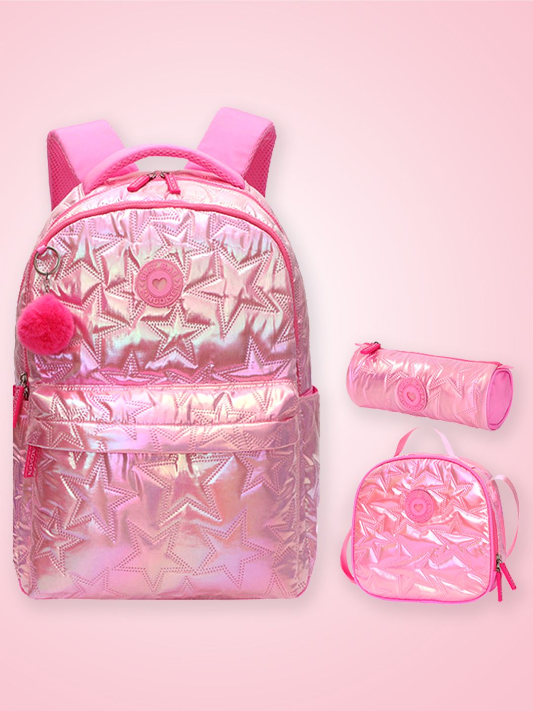 Little Surprise Box, 3pcs Shiny Pink Star Matching Backpack, Lunch Bag and Stationery Pouch