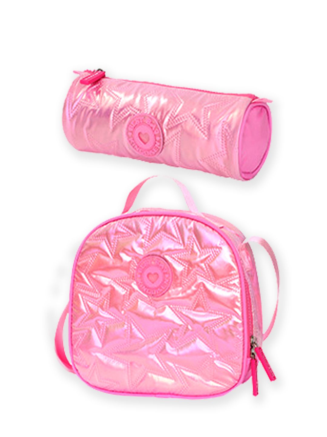 Little Surprise Box, 3pcs Shiny Pink Star Matching Backpack, Lunch Bag and Stationery Pouch