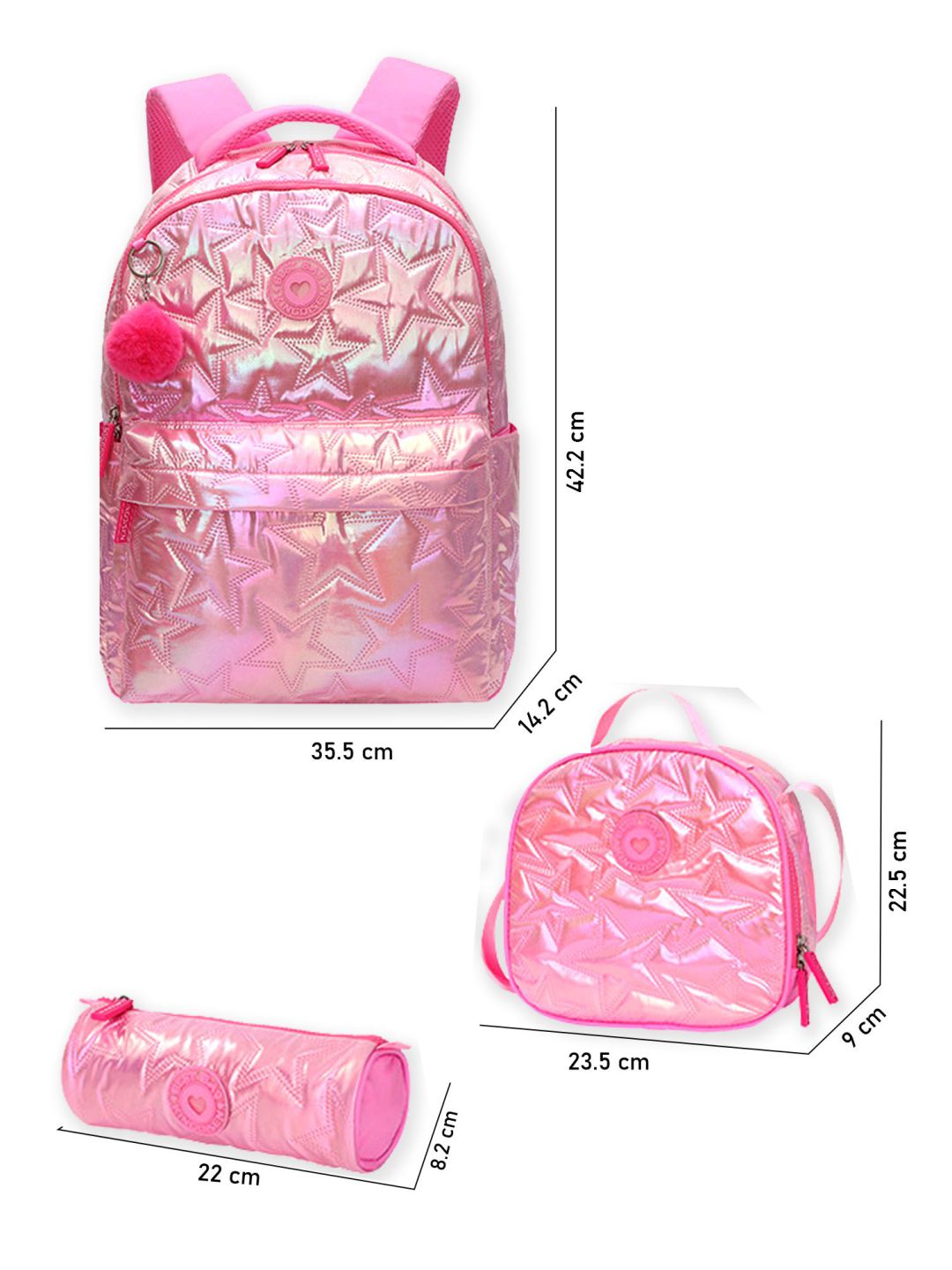 Little Surprise Box, 3pcs Shiny Pink Star Matching Backpack, Lunch Bag and Stationery Pouch
