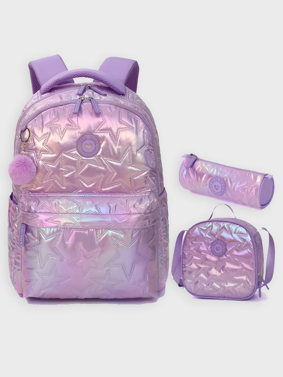 Little Surprise Box, 3pcs Shiny Pink Star Matching Backpack, Lunch Bag and Stationery Pouch