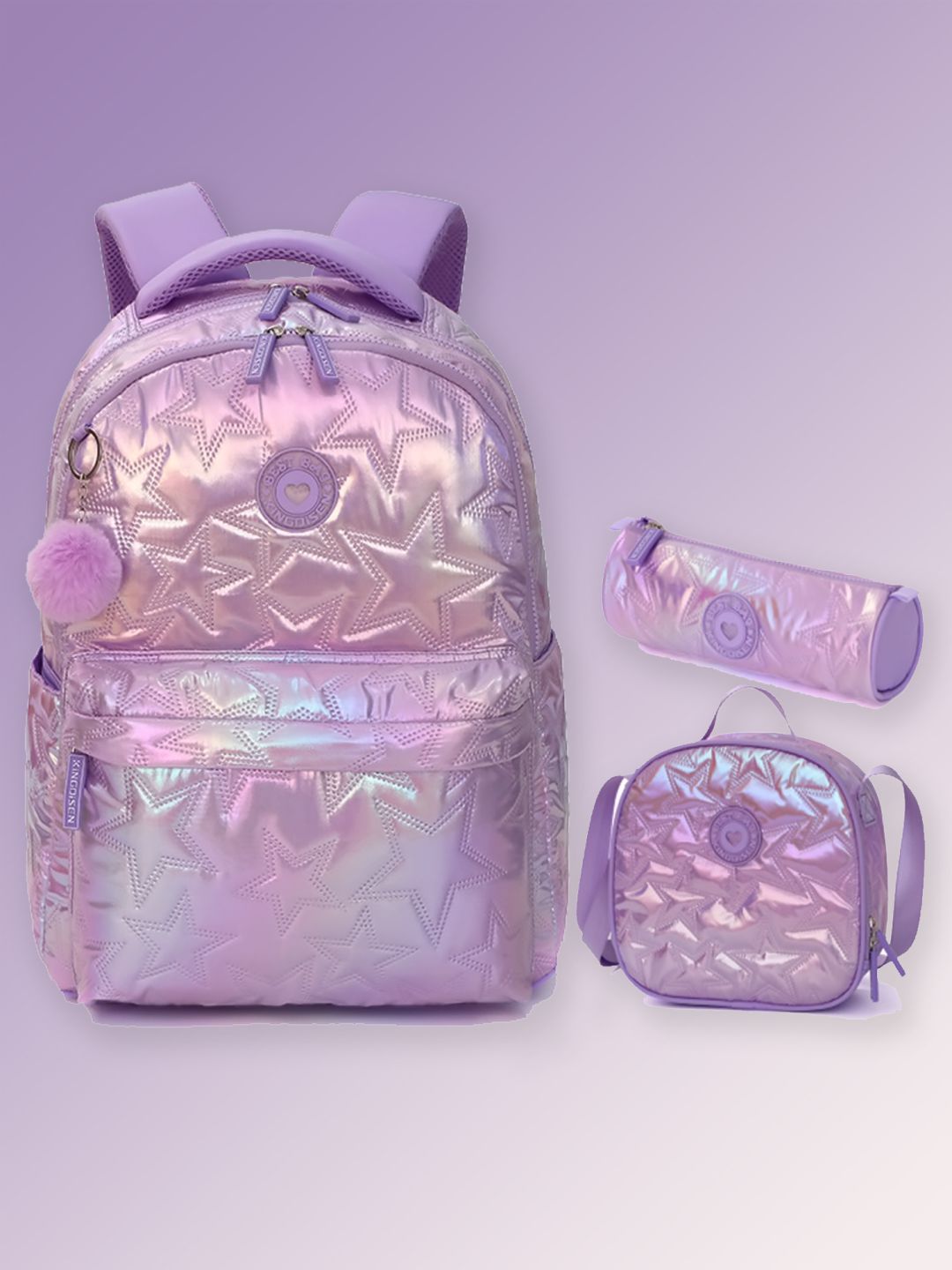 Little Surprise Box, 3pcs Shiny Pink Star Matching Backpack, Lunch Bag and Stationery Pouch
