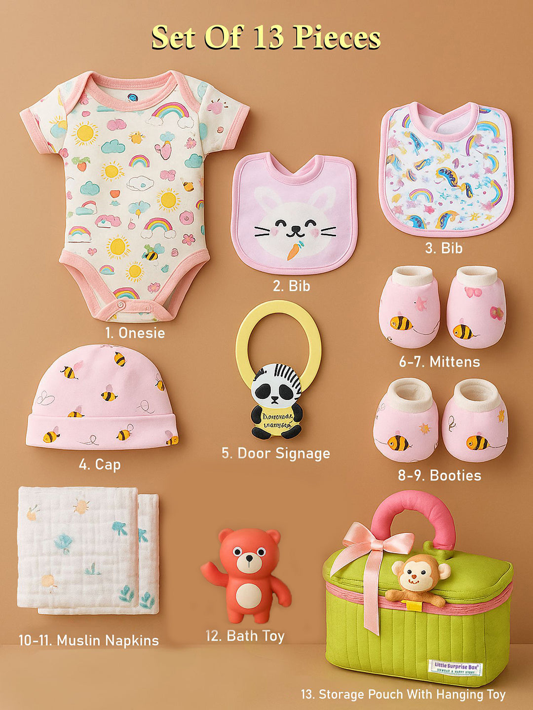 Little Surprise Box, 13 pcs Monkey soft Satin pouch Newborn Hamper