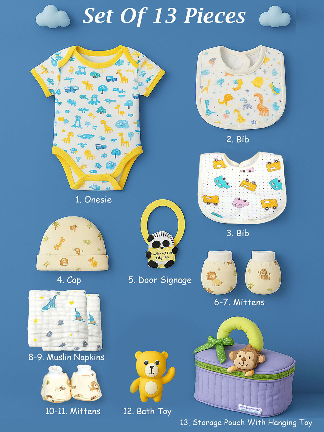 Little Surprise Box, 13 pcs Monkey soft Satin pouch Newborn Hamper