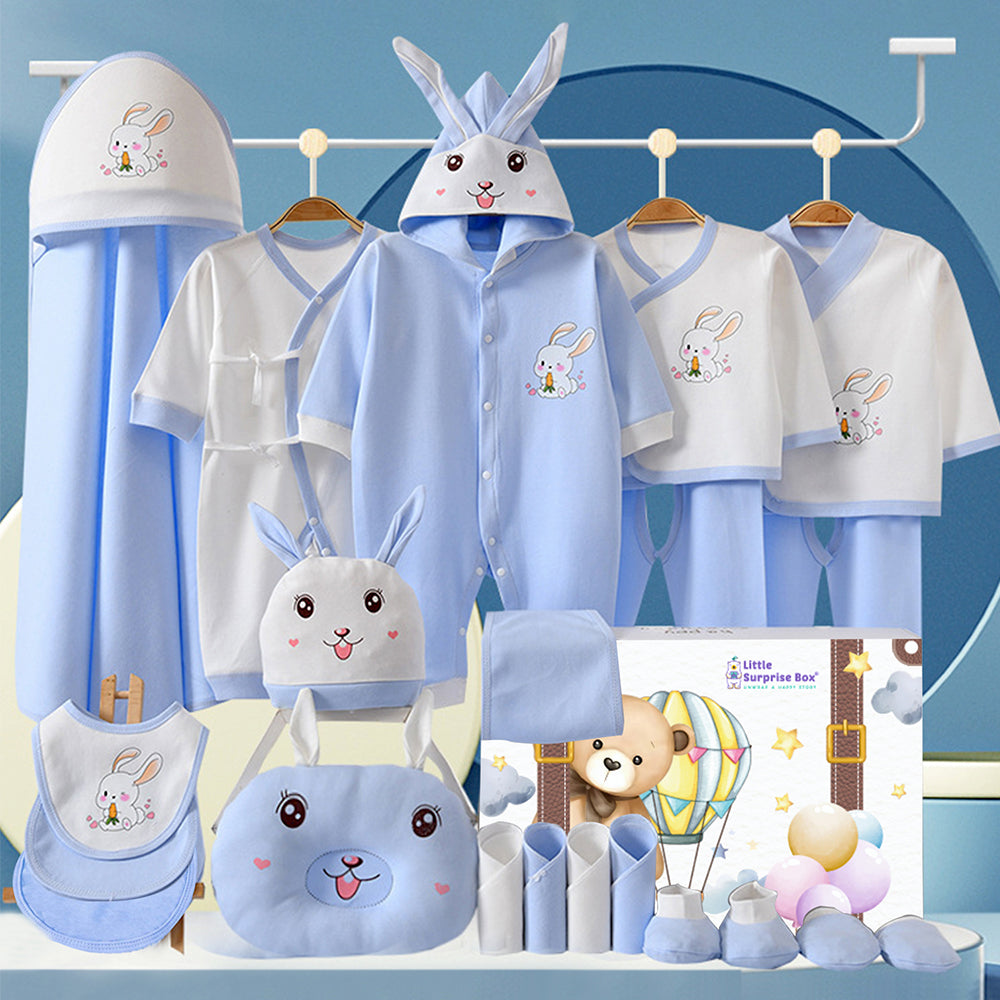 Little Surprise Box 22pcs Blue Carrot Rabbit Newborn Baby Girl/ Boy Winter Wear Gift Hamper, (0 - 12 months)
