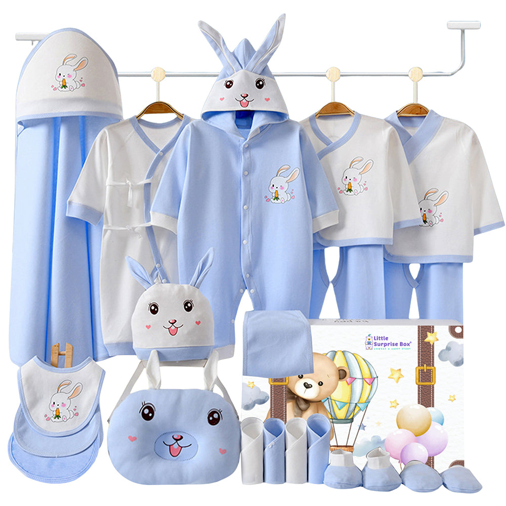 Little Surprise Box 22pcs Blue Carrot Rabbit Newborn Baby Girl/ Boy Winter Wear Gift Hamper, (0 - 12 months)