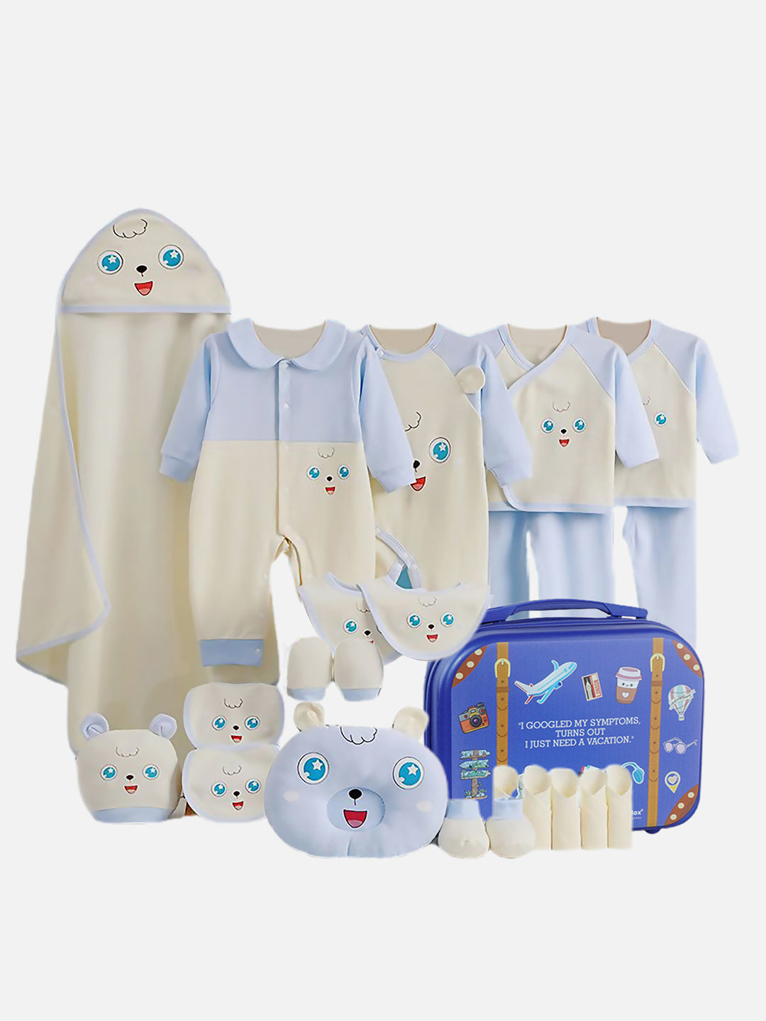 Little Surprise Box 24pcs Blue & White Star Eye Gift Hamper with Travel Suitcas, 0-6 months