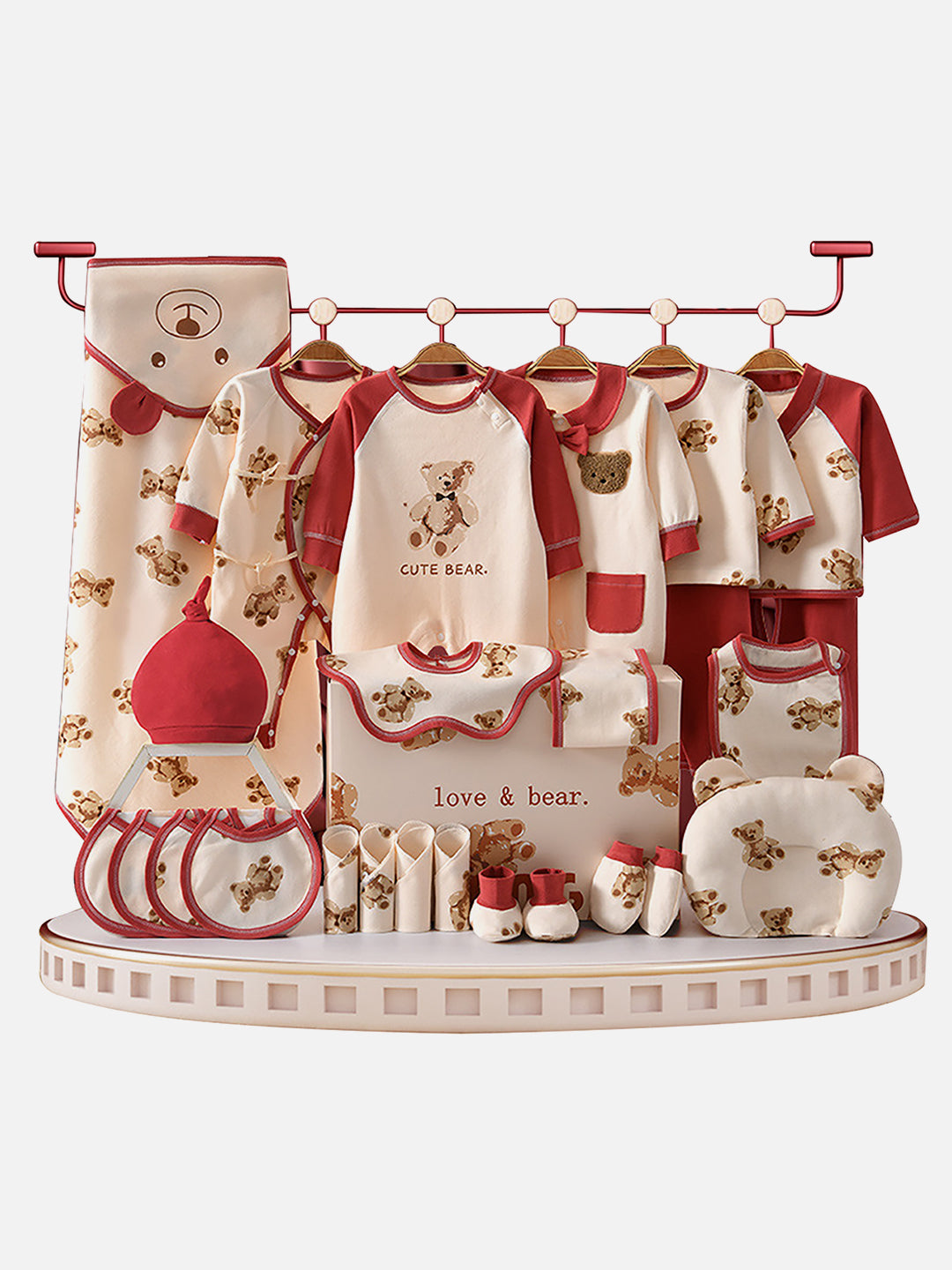 26pcs Cream & Maroon Teddy Love , New born Baby Girl/Boy Gift Hamper all Season wear Clothes Gift Hamper Box