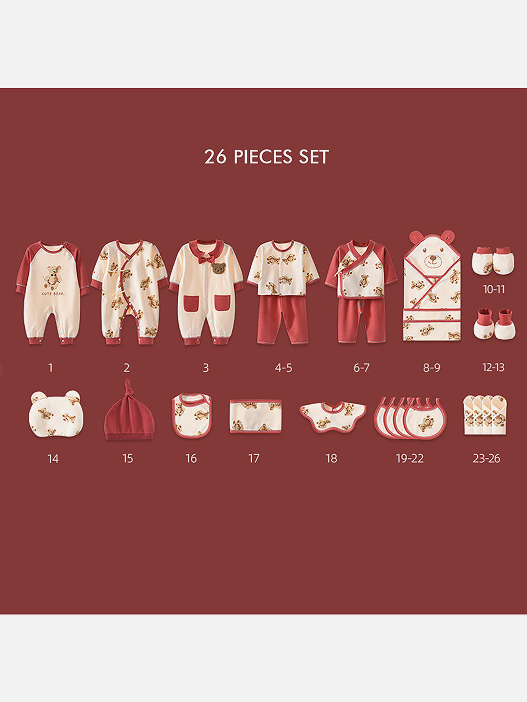 26pcs Cream & Maroon Teddy Love , New born Baby Girl/Boy Gift Hamper all Season wear Clothes Gift Hamper Box