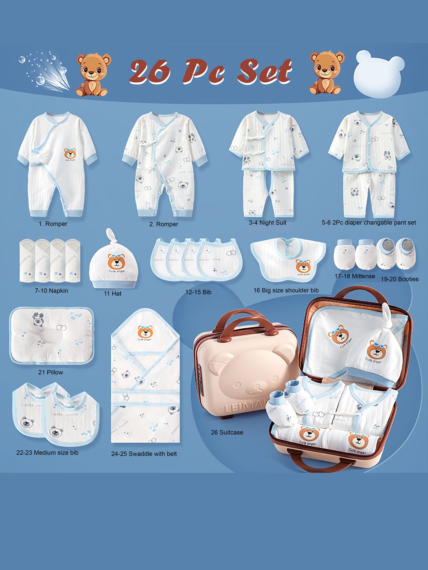 Little Surprise Box,26 pcs Bear Face Newborn Baby Girl/Baby Boy Gift Hamper with Suitcase,0-12 months