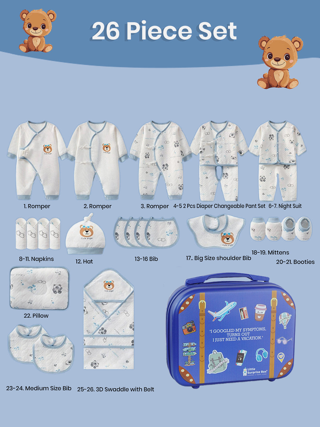 Little Surprise Box,26 pcs Bear Face Newborn Baby Girl/Baby Boy Gift Hamper with Suitcase,0-12 months