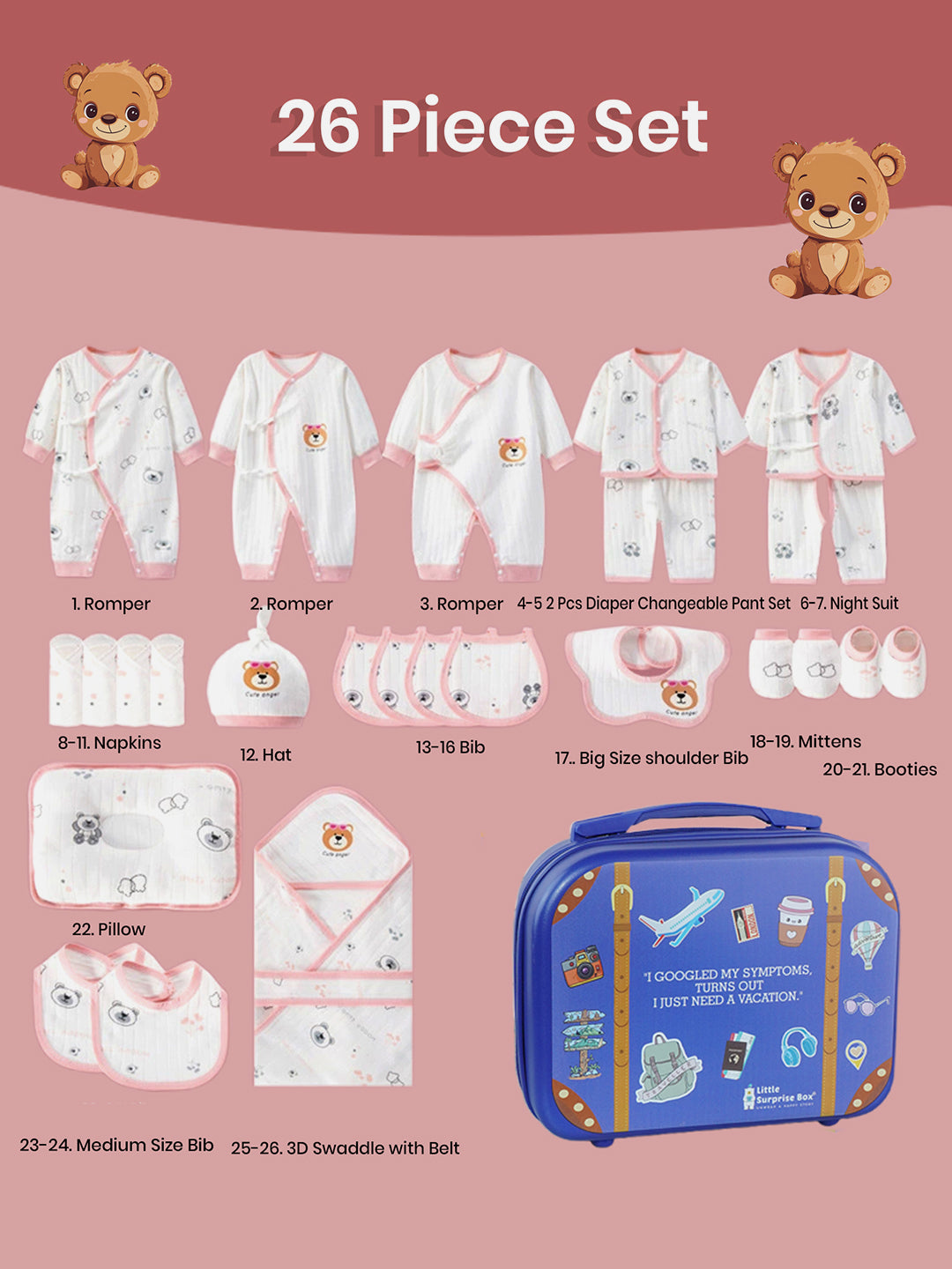 Little Surprise Box,26 pcs Bear Face Newborn Baby Girl/Baby Boy Gift Hamper with Suitcase,0-12 months