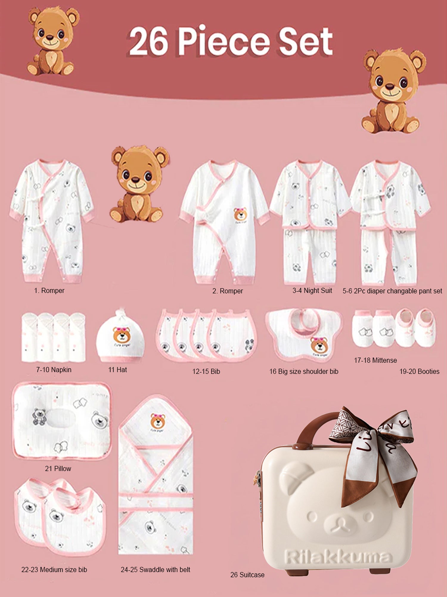 Little Surprise Box,26 pcs Bear Face Newborn Baby Girl/Baby Boy Gift Hamper with Suitcase,0-12 months