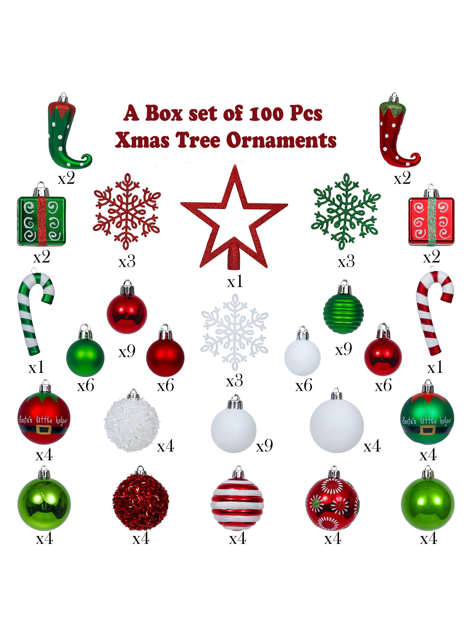 Little Surprise Box Christmas Ball Ornaments X-Mas Tree Hanging Decorations Red & Green theme Christmas Balls, 100 pcs Box Set.