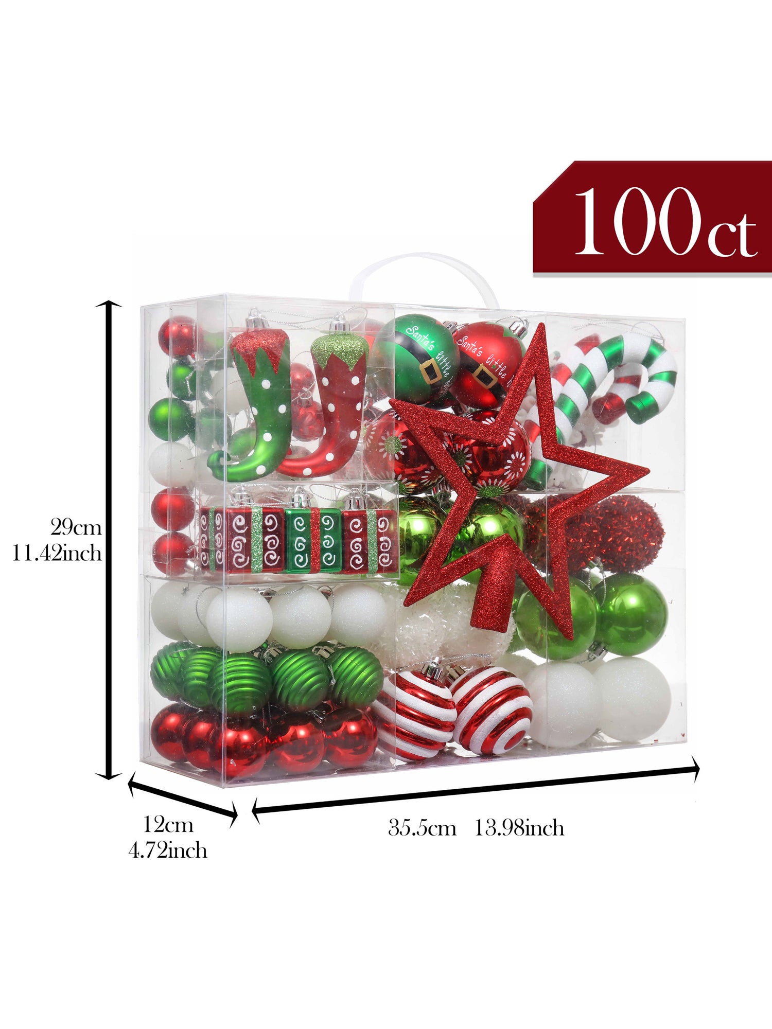 Little Surprise Box Christmas Ball Ornaments X-Mas Tree Hanging Decorations Red & Green theme Christmas Balls, 100 pcs Box Set.